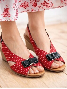 Rieker Red Polka Dot Slingback Wedge Sandals Retro Pin-Up Bow EU 38